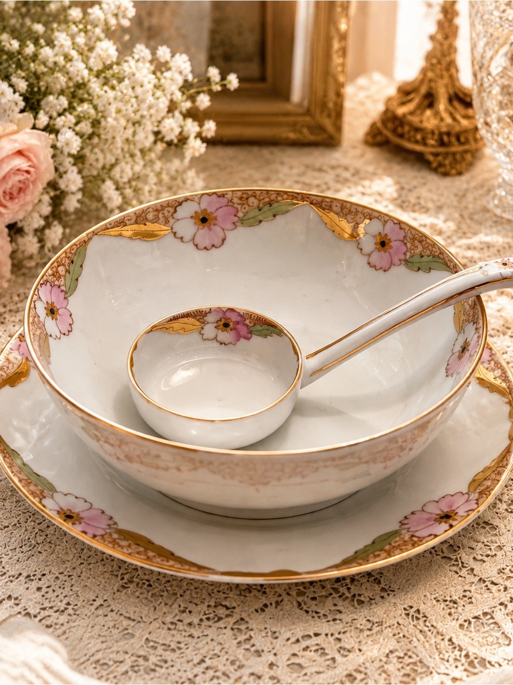 Antique Hand Painted Nippon Porcelain Serving Bowl & Ladle Floral Gold